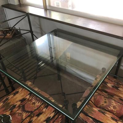 LOT 22B: Metal Base Glass Top Table w/ 4 Metal Chairs & 2 Cushions