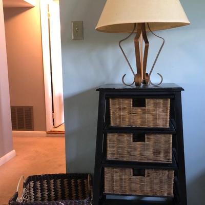LOT 25B: Basket Drawer Tower Shelf w/ Lamp & Large Decor Basket