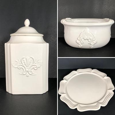 LOT 51X: White Ceramics - Deartis Canister Made in Portugal, Bon Chef Flower Platter 861 & More