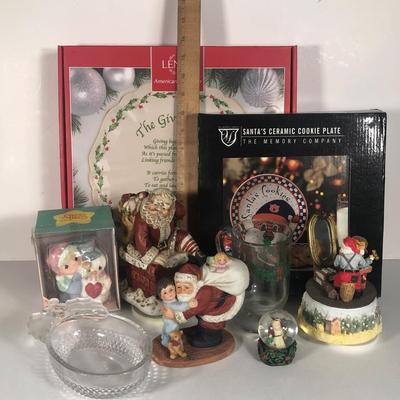 LOT 57G: Christmas Decor Collection - NIP Lenox Giving Plate, Santa Musical Figurines, Precious Moments, Libbey Glass & More