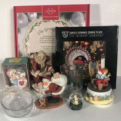 LOT 57G: Christmas Decor Collection - NIP Lenox Giving Plate, Santa Musical Figurines, Precious Moments, Libbey Glass & More
