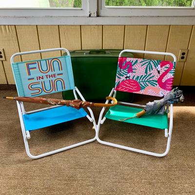 LOT 105 P: Travel Rain Or Shine: Folding Beach Chairs, Umbrellas, & Vintage Amelia Earhart Suitcase