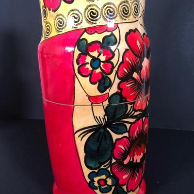 LOT 163: Large Russian Nesting Doll & Wooden Rodnik Vodka Container