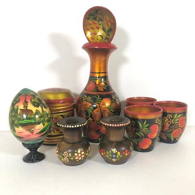 LOT 165K: Vintage Russian Wooden Pitcher & Cups, Lidded Jar & Signed Painted Egg