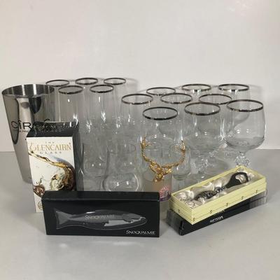 LOT 172K: Fancy Bar Collection - Silver Rimmed Glasses, NIP Bottle Openers & More