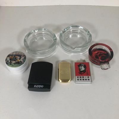 LOT 174L: Glass Ash Trays, Zippo Lighter, Camel Lighter & More
