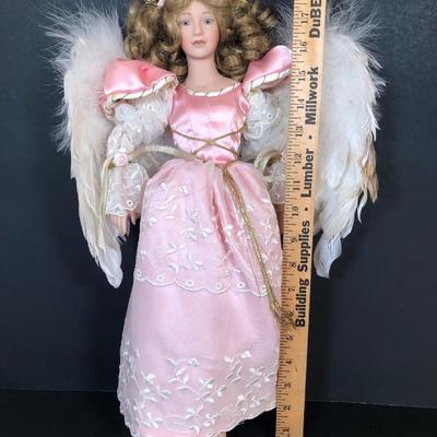 LOT 196L: 1998 Devon Park Studios Lenox Angel Doll in Pink Dress w/ Milk Glass Ribbed Bowl