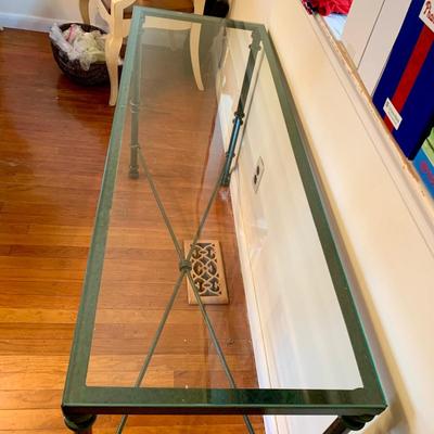 LOT 208 K: Vintage 1980's Post Modern Thick Glass Top W/Metal Base Console Table
