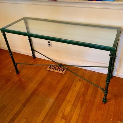 LOT 208 K: Vintage 1980's Post Modern Thick Glass Top W/Metal Base Console Table