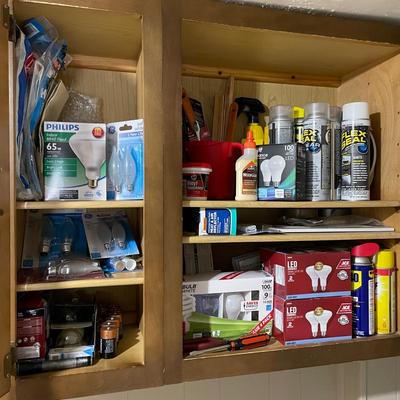 LOT 227G: All Contents Of Cabinet! Lightbulbs, Sprays, Glues & More