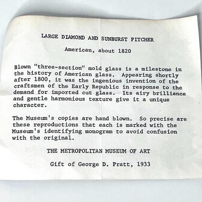 Vintage Metropolitan Museum of Art Reproduction Blown Mold Glass Pitcher