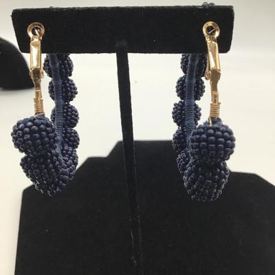 Navy blue beaded statement loop earrings