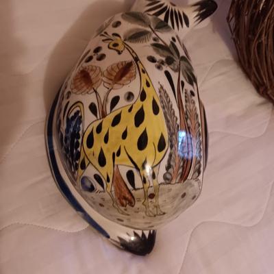 CERAMIC HAND PAINTED CAT AND WICKER BASKETS