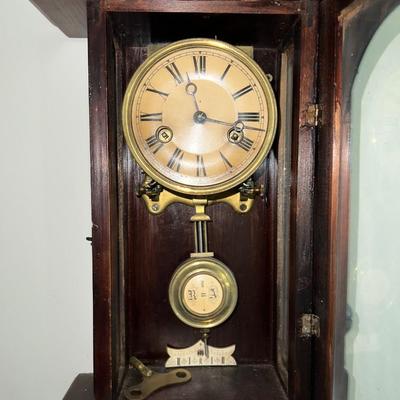 Antique c1900 Key Wind Wall Clock 33" Tall & 12" in VG Preowned Condition w/Keys & Fantastic Horse Finial as Pictured....