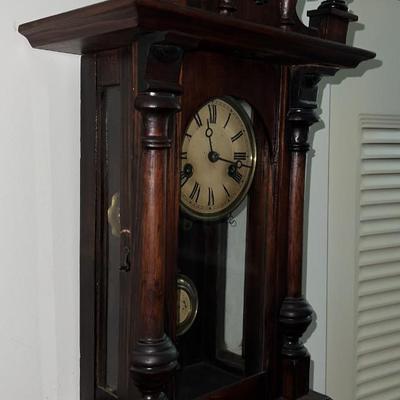 Antique c1900 Key Wind Wall Clock 33" Tall & 12" in VG Preowned Condition w/Keys & Fantastic Horse Finial as Pictured....