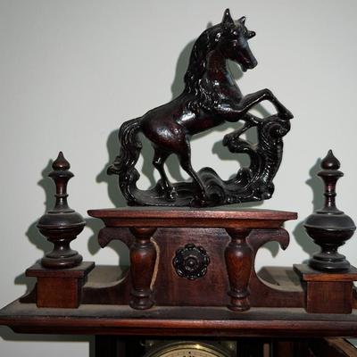 Antique c1900 Key Wind Wall Clock 33" Tall & 12" in VG Preowned Condition w/Keys & Fantastic Horse Finial as Pictured....