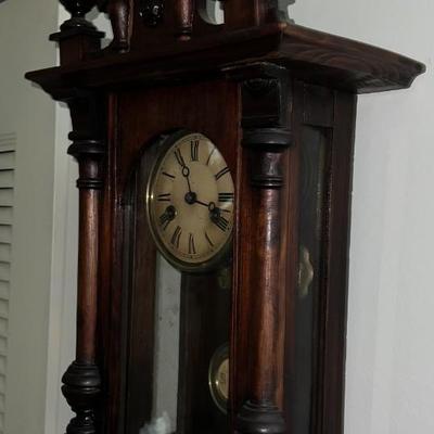 Antique c1900 Key Wind Wall Clock 33" Tall & 12" in VG Preowned Condition w/Keys & Fantastic Horse Finial as Pictured....
