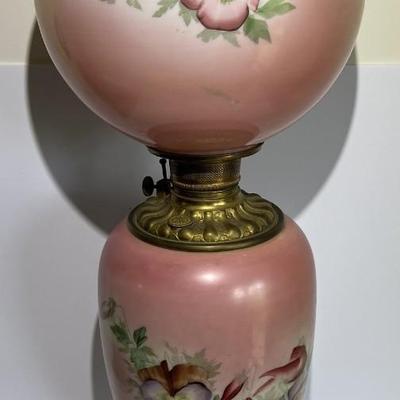Victorian "Gone with the Wind" Electrified Oil Lamp 31" Tall w/Hand Painted Flowers in VG Preowned Condition.