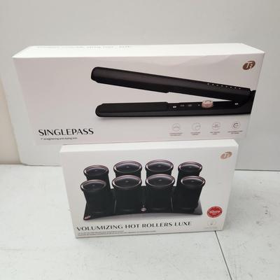 Lot of 2 T3 Volumizing Hot Rollers Luxe & Singlepass Styling Iron