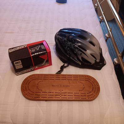SCOTT GOGGLES, S/M SCHWINN BIKE HELMET AND CRIBBAGE BOARD (NO PEGS)