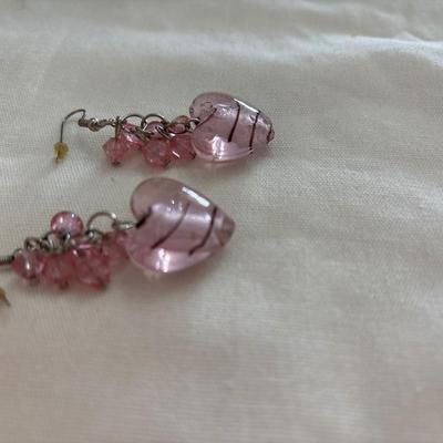 Pink glass heart dingle earrings