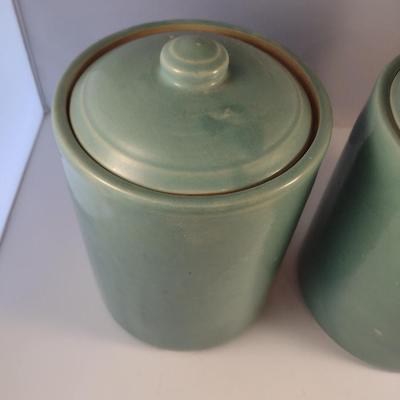 Pair of Glazed Ceramic Canisters- Marked USA