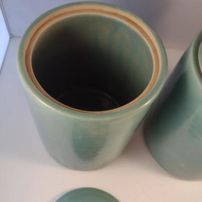 Pair of Glazed Ceramic Canisters- Marked USA