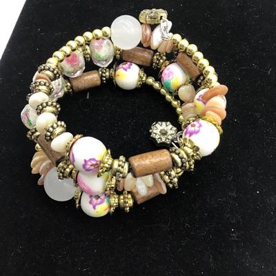 Memory Wire Brown GT Flower Beads Bracelet