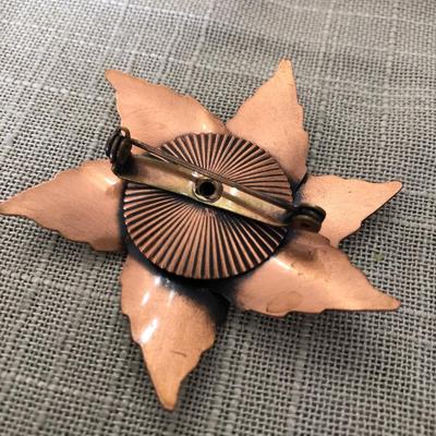 Vintage 50s Etched Copper Pinwheel Flower Brooch Pin Mid Century Art Deco