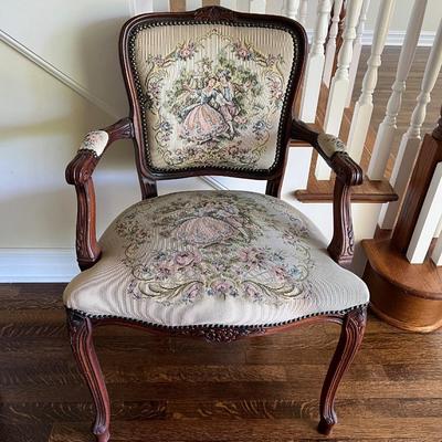 Victorian Style Statement Chair Tapestry and Etched Wood