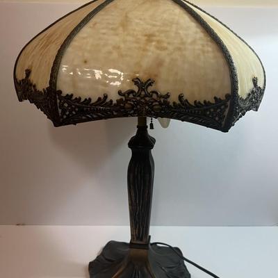 Antique c1900 Handel Style 6-Panel Slag Glass Lamp 22" Tall in Good Preowned Condition.