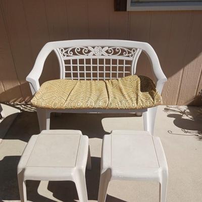 PLASTIC PATIO BENCH AND 2 PLASTIC TABLES