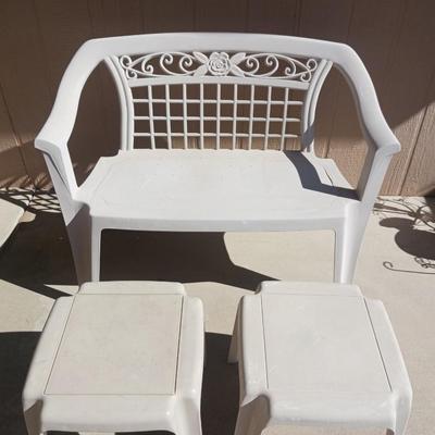 PLASTIC PATIO BENCH AND 2 PLASTIC TABLES