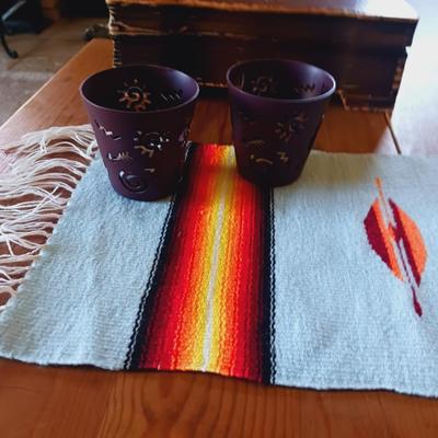 STAINED GLASS COYOTE, METAL CANDLE HOLDERS AND A WOVEN TABLE RUNNER