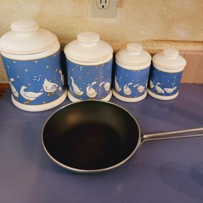 GOOSE DECANTER SET AND A TEFLON SKILLET