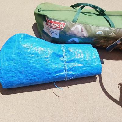 COLEMAN 5 PERSON TENT, BLUE TARP AND FIRE EXTINGUISHER
