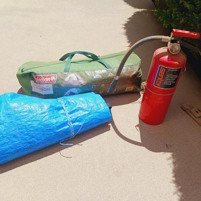 COLEMAN 5 PERSON TENT, BLUE TARP AND FIRE EXTINGUISHER