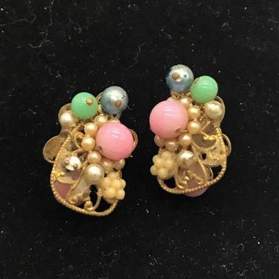 Vintage multicolor beaded clip on earrings