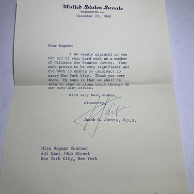 JACOB JAVITZ Senator Hand Signed Letter Dated 1968 in Very Good Preowned Condition.