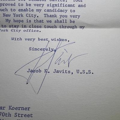 JACOB JAVITZ Senator Hand Signed Letter Dated 1968 in Very Good Preowned Condition.
