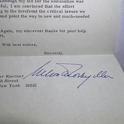 Nelson Rockefeller Hand Signed Letter Dated 1968 in Very Good Preowned Condition.