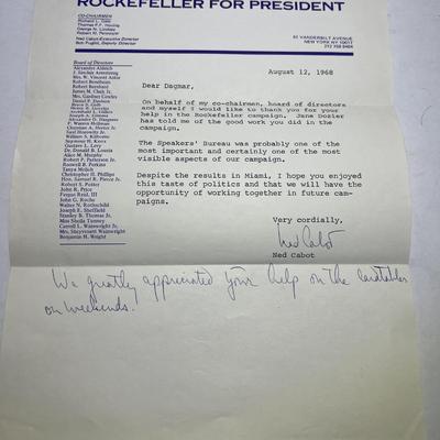 Nelson Rockefeller for President Hand Signed Letter by Ned Cabot Dated 1968 in Very Good Preowned Condition.