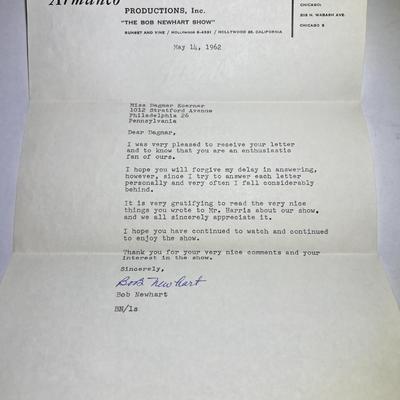 BOB NEWHART Show Hand Signed Letter by BOB NEWHART Dated 1962 in Very Good Preowned Condition.
