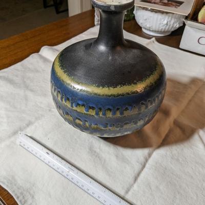 Haeger Pottery Black Raku Vase Lava Drip Glaze Mid Century Modern Blue
