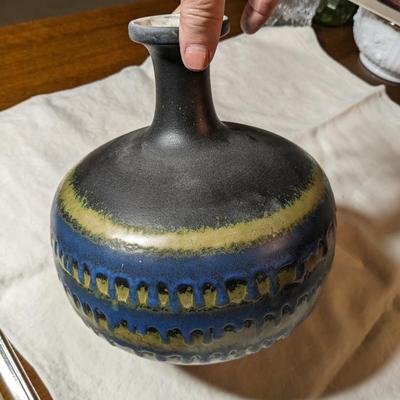 Haeger Pottery Black Raku Vase Lava Drip Glaze Mid Century Modern Blue