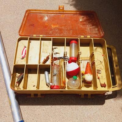 TACKLE BOX WITH SOME TACKLE AND 2 FISHING POLES