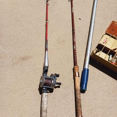 TACKLE BOX WITH SOME TACKLE AND 2 FISHING POLES
