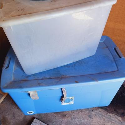 2 STORAGE TOTES AND A TUB WITH HANDLES