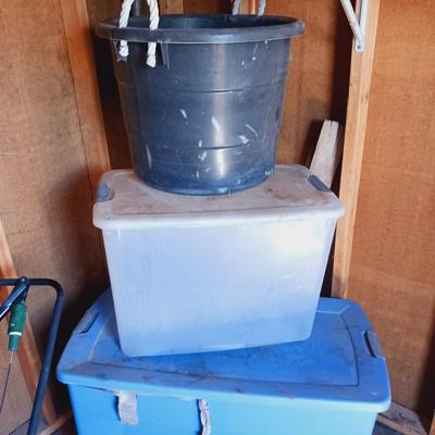 2 STORAGE TOTES AND A TUB WITH HANDLES