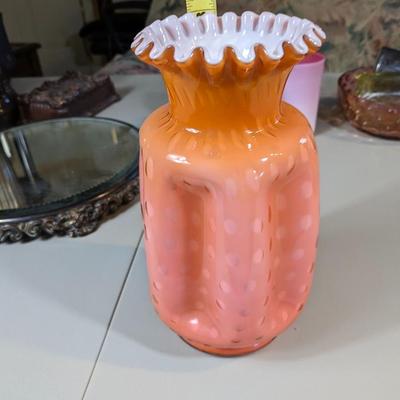 Fenton Optic Pink Vase Polka Dots Crimped Bubbles Vase